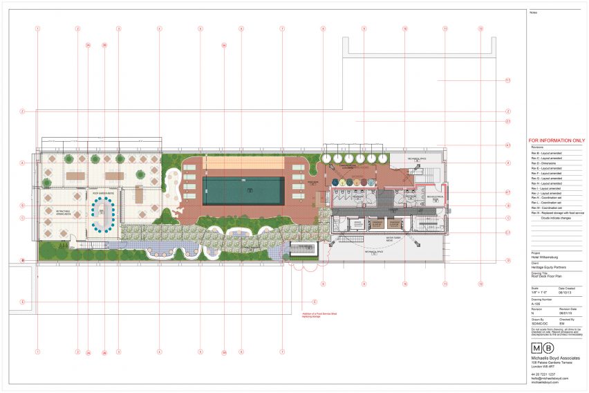 Roof deck floor plan of the Williamsburg Hotel by Michaelis Boyd Associates