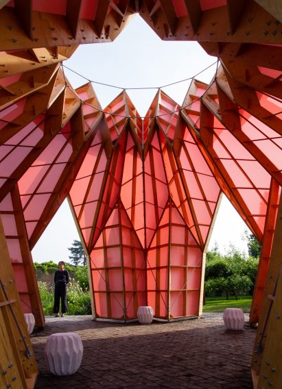 Studio Morison construct origami-like pink pavilion at the National Trust estate, Berrington Hall