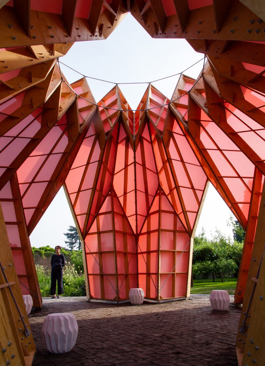 Studio Morison construct origami-like pink pavilion at the National Trust estate, Berrington Hall