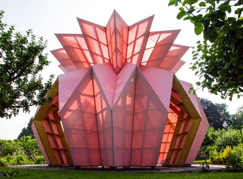 Studio Morison construct origami-like pink pavilion at the National Trust estate, Berrington Hall