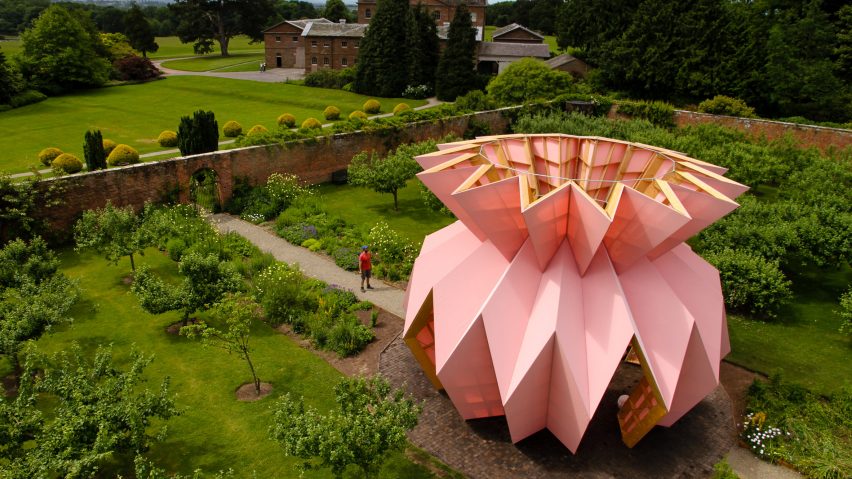Studio Morison construct origami-like pink pavilion at the National Trust estate, Berrington Hall