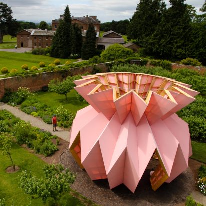 Studio Morison construct origami-like pink pavilion at the National Trust estate, Berrington Hall