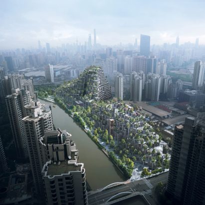 Drone footage shows Heatherwick Studio’s “tree-covered mountains” underway in Shanghai