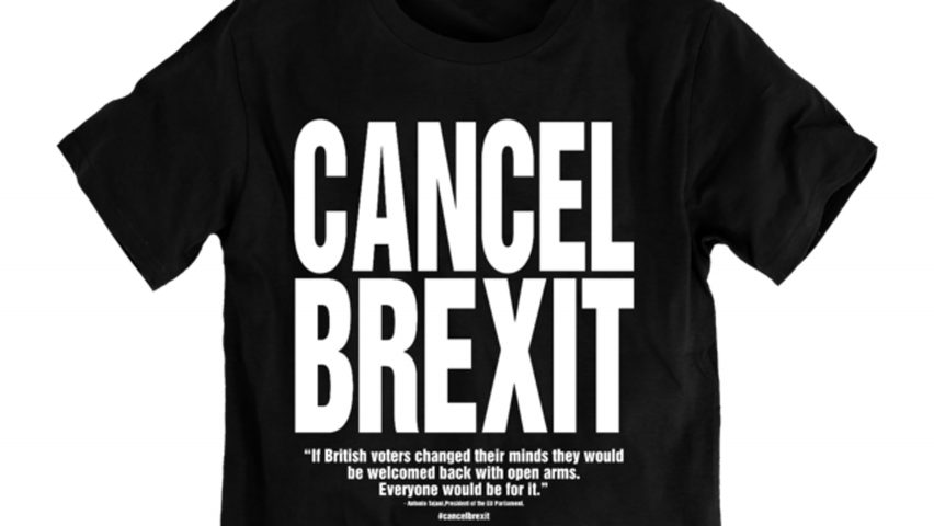Katharine Hamnett designs T-shirts urging the UK to “Cancel Brexit”