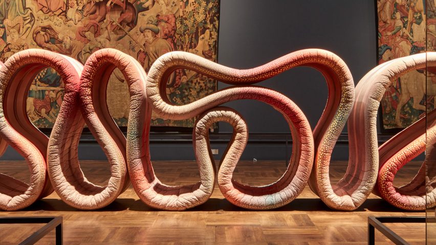 Ross Lovegrove installs 21-metre-long fabric snake in V&A tapestry room