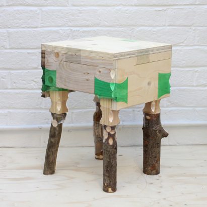 Micaella Pedros repurposes discarded plastic bottles as joinery for wooden furniture