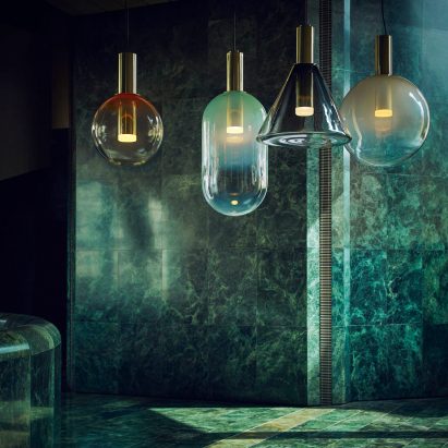 Bomma showcases glass-blowing techniques used to create its sculptural lighting pendants
