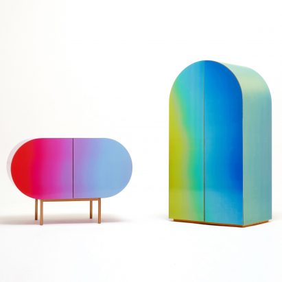 Orijeen’s rainbow-hued furniture uses lenticular surfaces to change colour