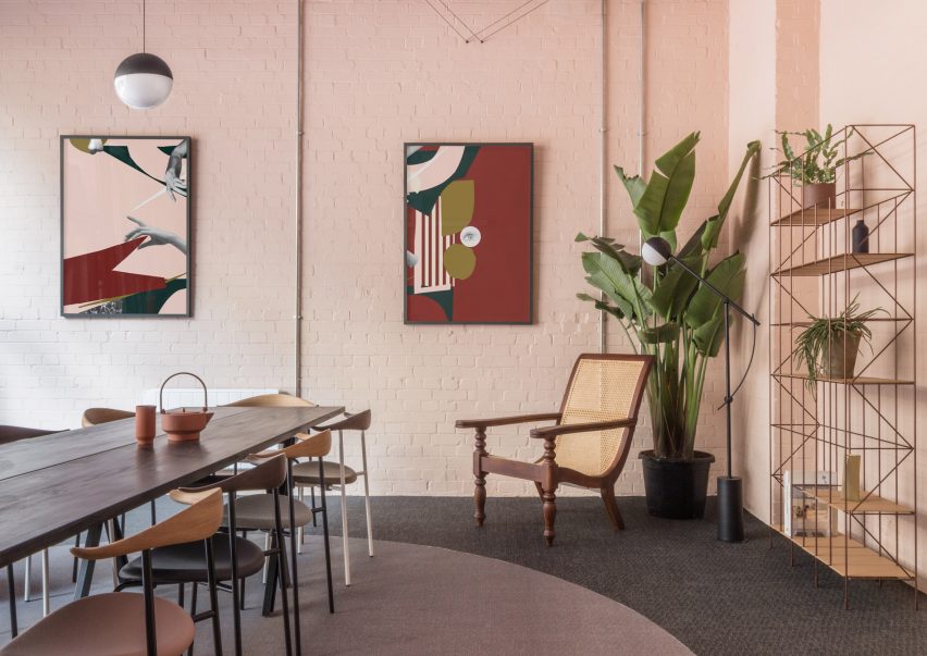 The smooth surface and soft-pink hue of a newly plastered wall provided the starting point for the design of communal spaces at this new creative hub in east London by local studio Sella Concept.