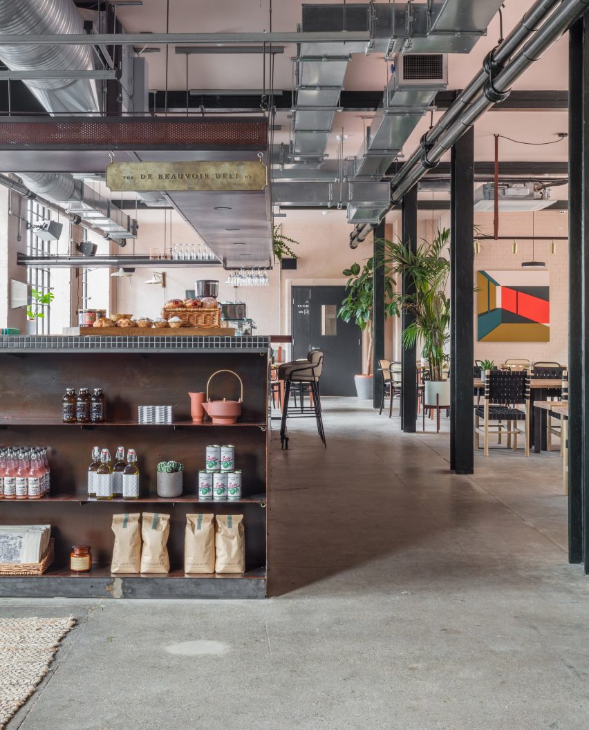 The smooth surface and soft-pink hue of a newly plastered wall provided the starting point for the design of communal spaces at this new creative hub in east London by local studio Sella Concept.