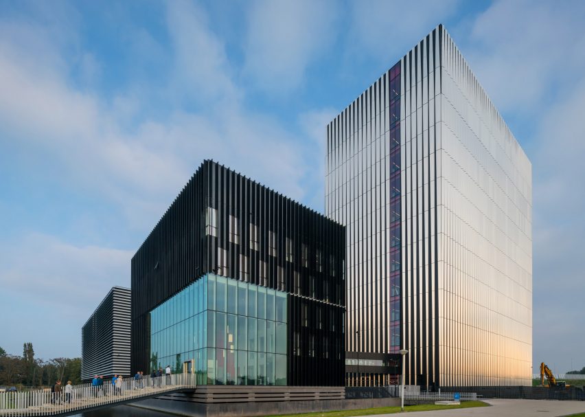 Benthem Crouwel adds stripy tower surrounded by a moat to Amsterdam data centre