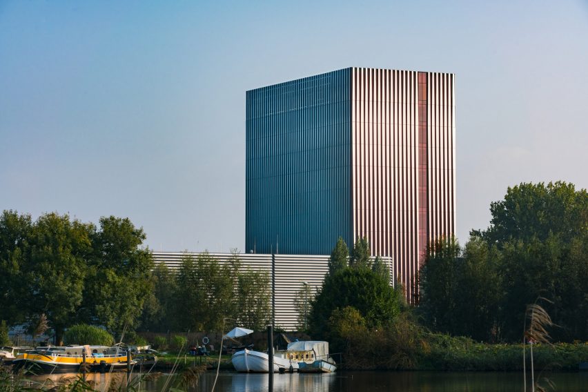 Benthem Crouwel adds stripy tower surrounded by a moat to Amsterdam data centre