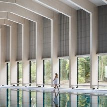 British firm Hawkins\Brown has completed a swimming-pool building at a school in Surrey, England, featuring an exposed timber frame that incorporates windows looking out onto the surrounding woodland.