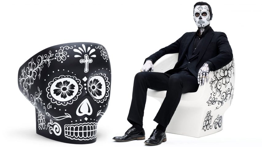 Skull-shaped Jolly Roger armchair designed by Fabio Novembre for Italian brand Gufram