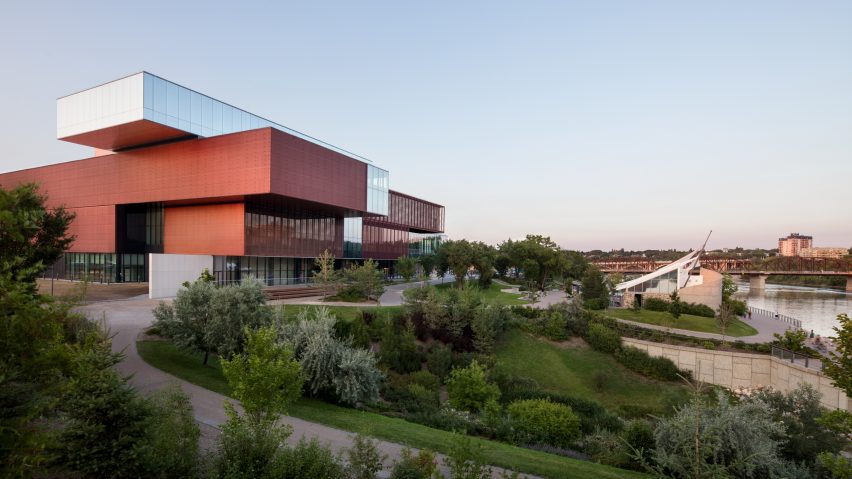Remai Modern art museum is a stack of metal and glass blocks in the Canadian Prairies