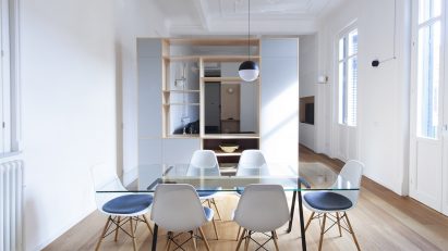 A white-walled dining room