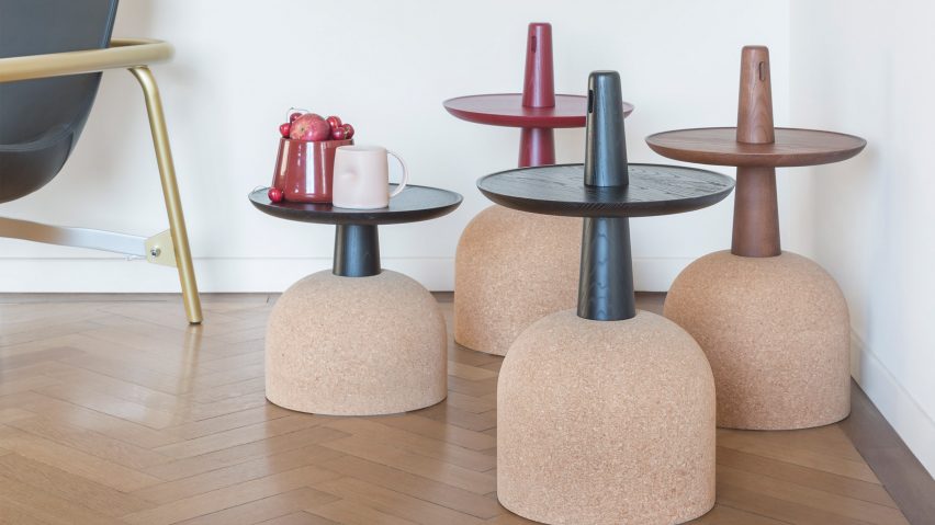 Alain Gilles stacks cork and wood to create totemic side tables