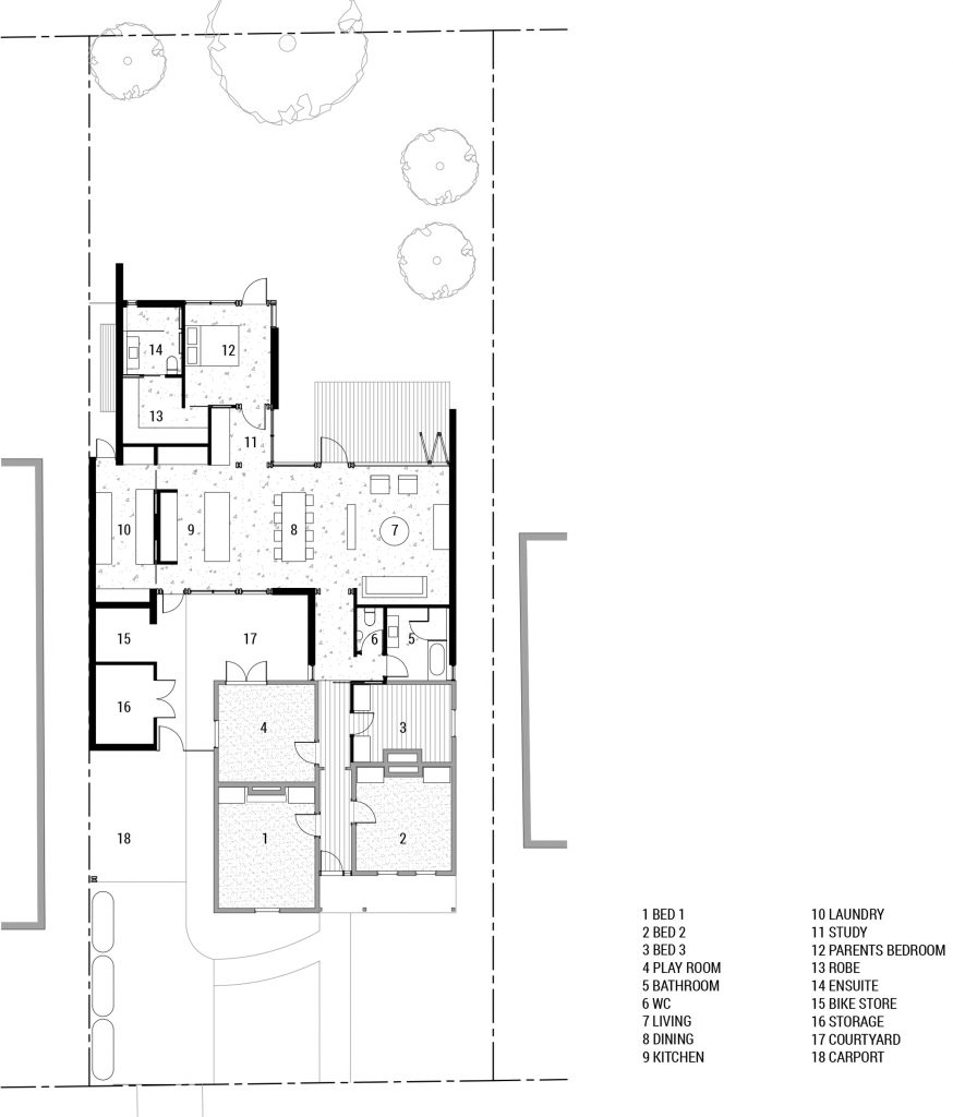 Plan for a single-storey house in Melbourne has been renovated by local studio Foomann with wooden beams.