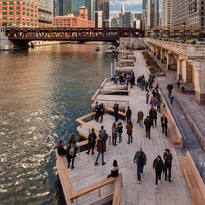 Drone footage captures bustling Chicago Riverwalk one year after completion