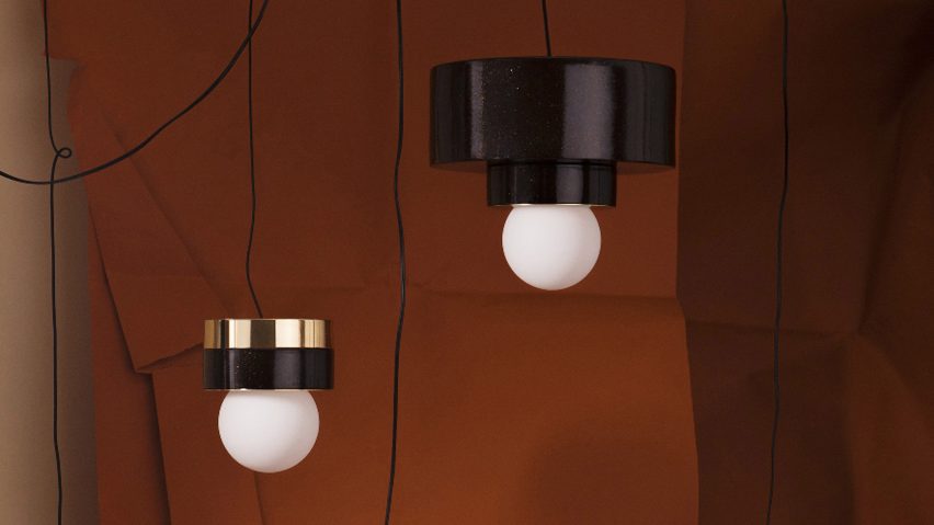 Haos combines layers of wood, ceramic and brass to create cylindrical lamps