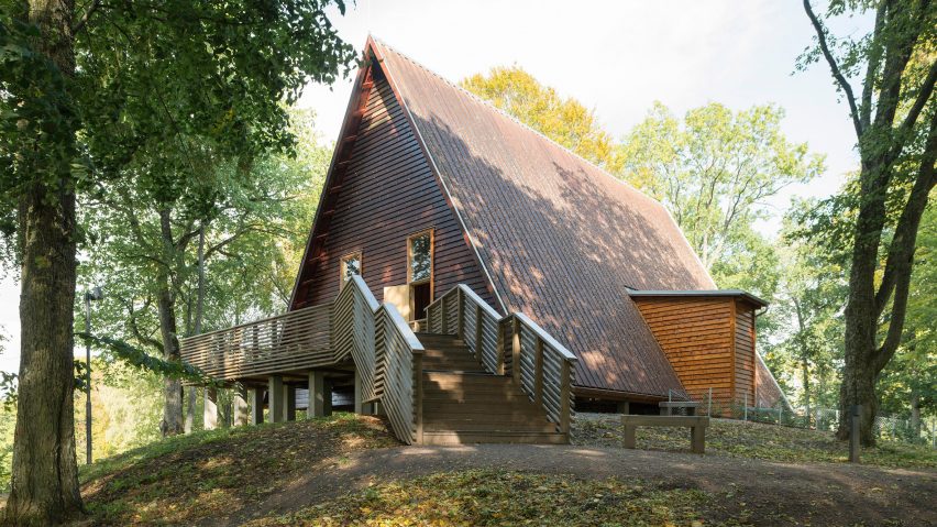 Triangular timber roof shelters the ruins of Sweden’s oldest church