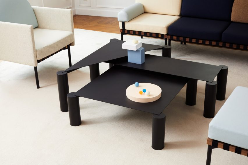 Max Enrich pairs bulky legs with slender surfaces to create nesting coffee tables