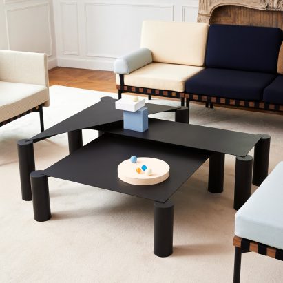 Max Enrich pairs bulky legs with slender surfaces to create nesting coffee tables