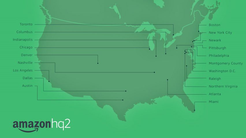 Amazon HQ2 shortlisted cities map