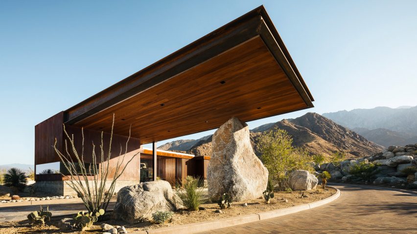 Cantilevered roof extends from Palm Springs guardhouse by Studio AR+D