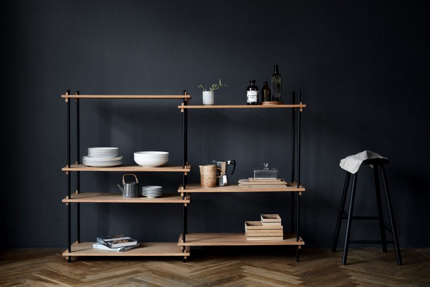 Moebe creates flexible shelving system that is held together by wooden wedges