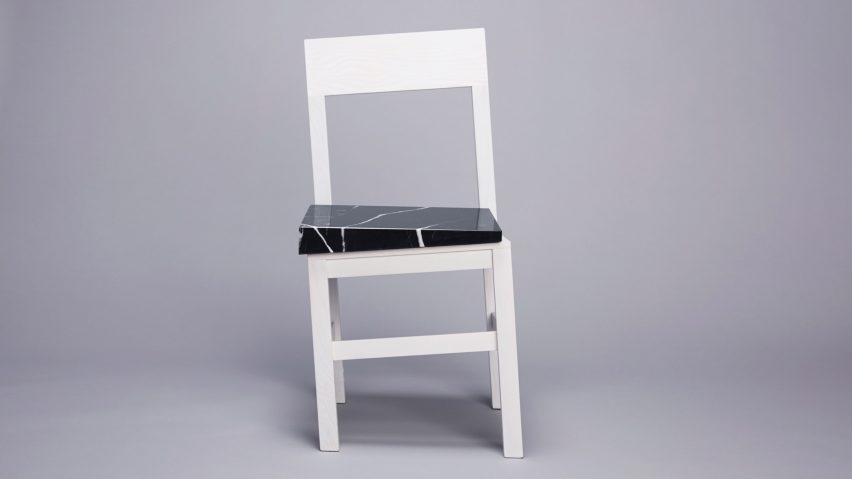 Snarkitecture’s Slip chair features wonky legs and a slanted seat