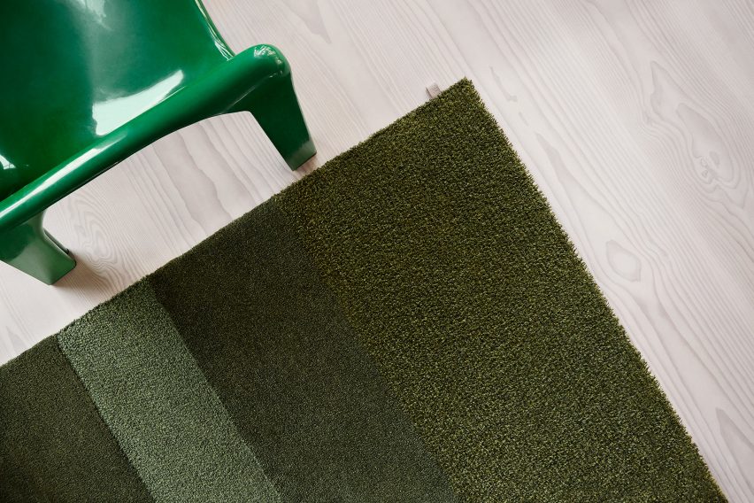 British designer Ilse Crawford was inspired by the natural landscape surrounding the Kasthall factory in Kinna, Västergötland when creating her collection of green rugs for the Swedish textile company.