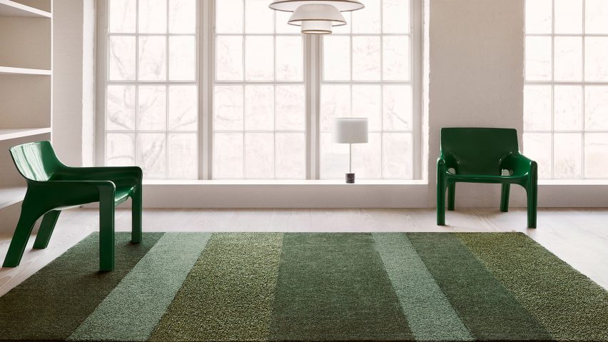 British designer Ilse Crawford was inspired by the natural landscape surrounding the Kasthall factory in Kinna, Västergötland when creating her collection of green rugs for the Swedish textile company.