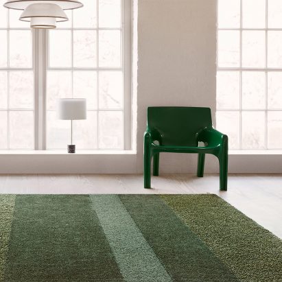 British designer Ilse Crawford was inspired by the natural landscape surrounding the Kasthall factory in Kinna, Västergötland when creating her collection of green rugs for the Swedish textile company.