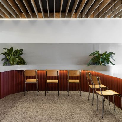 Colours “inspired by a classic New Balance sneaker” decorate Montreal falafel shop