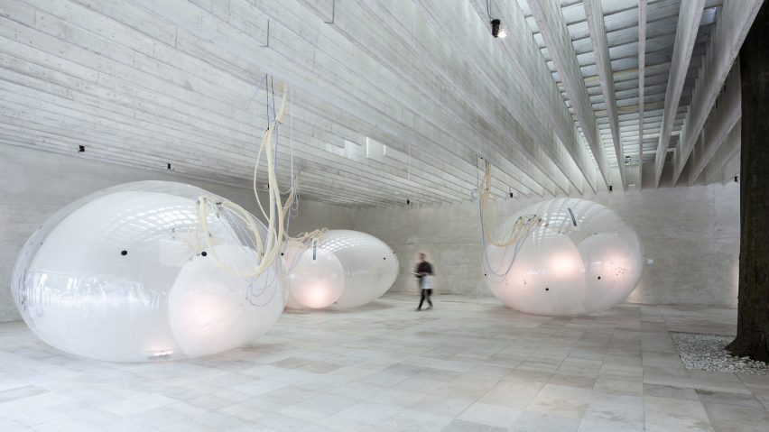 Huge balloons inflate and deflate based on atmospheric conditions inside Nordic Pavilion