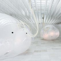 Huge balloons inflate and deflate based on atmospheric conditions inside Nordic Pavilion
