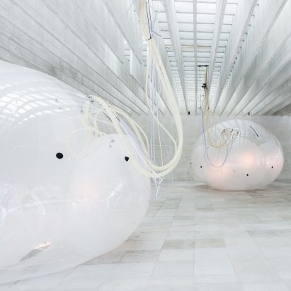Huge balloons inflate and deflate based on atmospheric conditions inside Nordic Pavilion