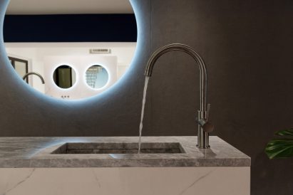Grohe's updated Atrio faucet collection was unveiled in an installation at Milan design week