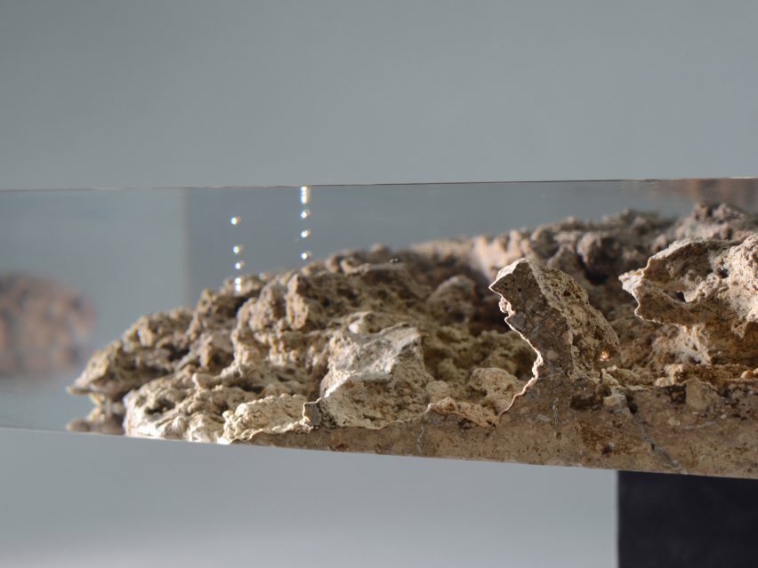 Alcarol and Vaselli create table and stools from travertine encased in resin