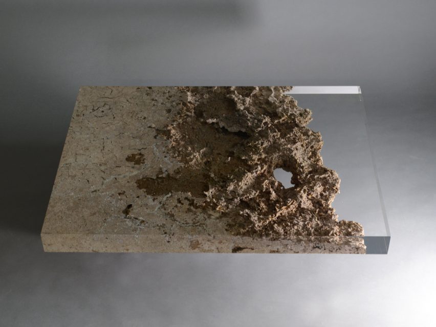 Alcarol and Vaselli create table and stools from travertine encased in resin