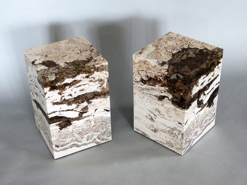 Alcarol and Vaselli create table and stools from travertine encased in resin