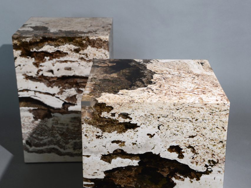 Alcarol and Vaselli create table and stools from travertine encased in resin