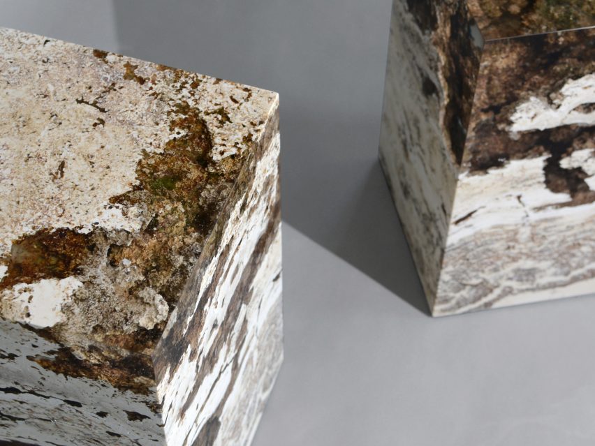 Alcarol and Vaselli create table and stools from travertine encased in resin
