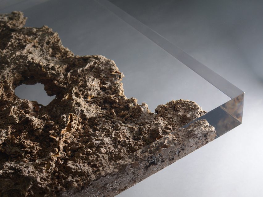 Alcarol and Vaselli create table and stools from travertine encased in resin
