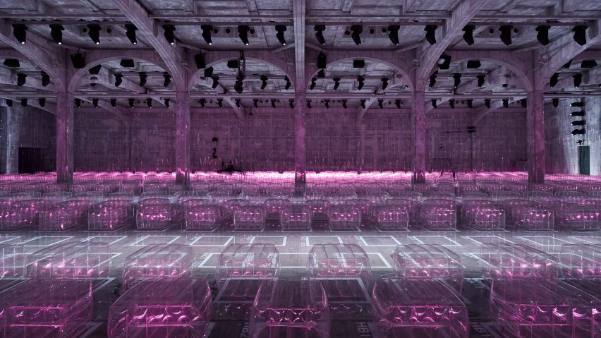 AMO arranges neon-lit Prada catwalk show on strict grid