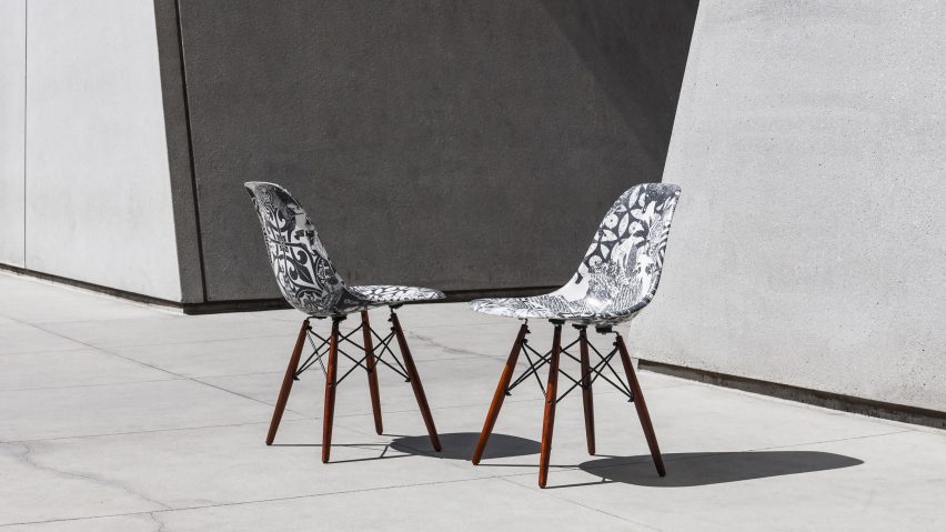 Shepard Fairey and Keith Haring artworks applied to mid-century chairs