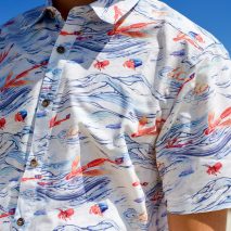 Waste plastic details on Hawaiian shirt highlights issue of ocean plastic