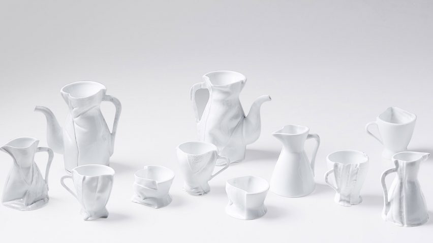 Zhekai Zhang's creates "imperfect" ceramics using fabric moulds
