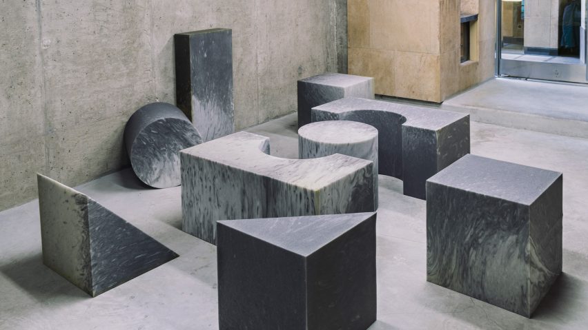 Geometric foam blocks mimic marble and terrazzo at Beirut Design Week
